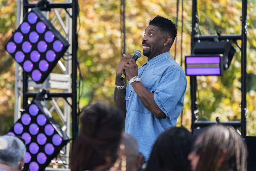 Comedian Deon Cole speaks during a 50th anniversary celebration of hip-hop at the Vice President's residence, Saturday, Sept. 9, 2023, in Washington. (AP Photo/Manuel Balce Ceneta)