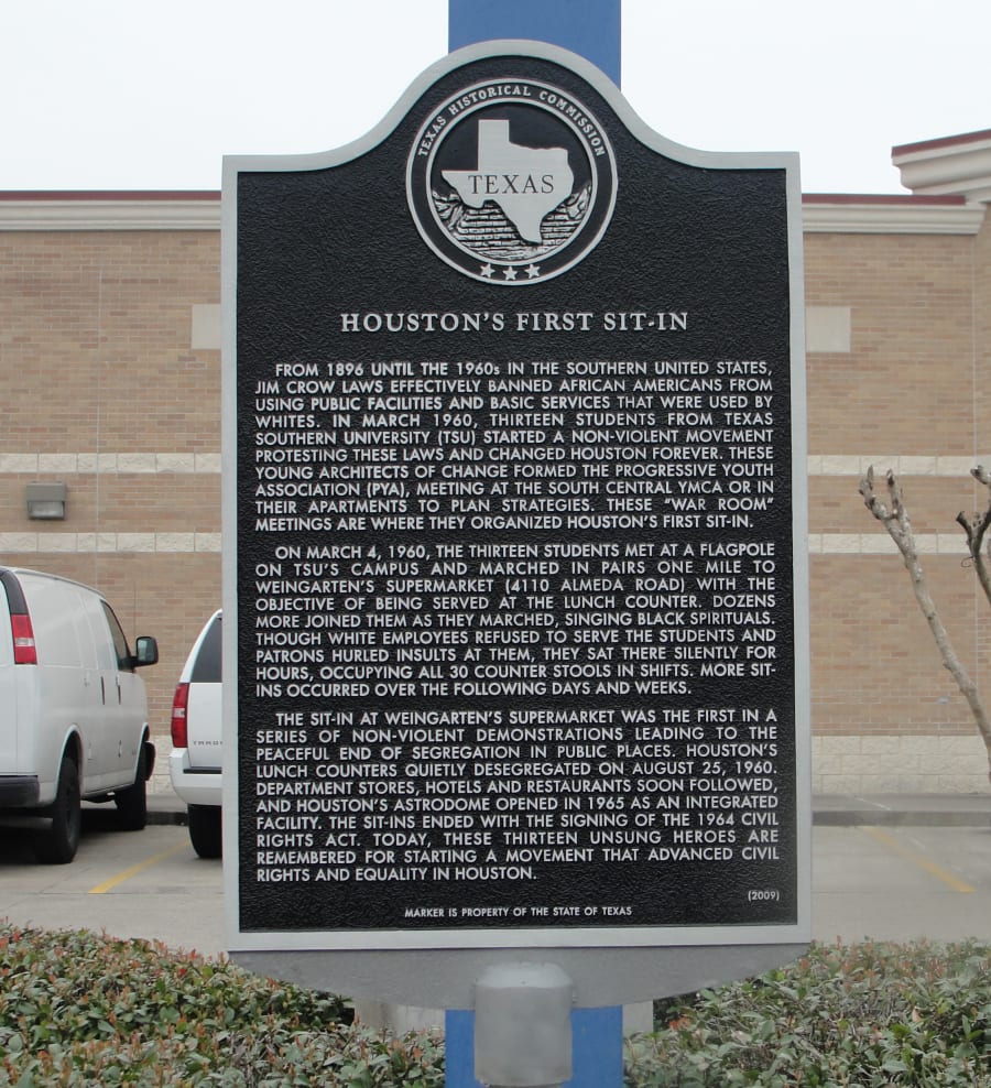 Historic marker at site of Houston's first sit-in