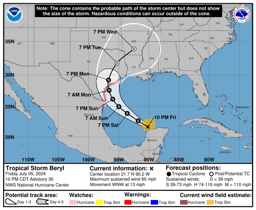 Coastal Watches/Warnings and Forecast Cone for Storm Center of Tropical Storm Beryl. Valid as of July 5, 2024 at 10 p.m. CT.