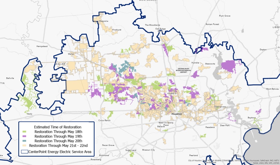 CenterPoint sent out a map on Saturday night showing estimated restoration days and times.