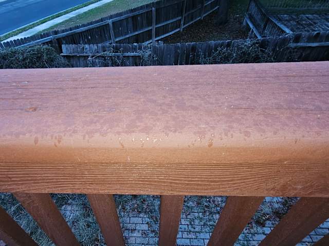 A very light glaze of ice along my deck railing. The deck was also a little bit slippery. 
