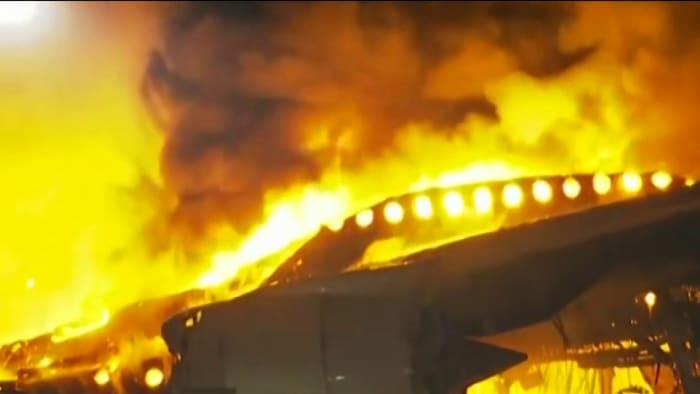VIDEO: Passenger plane bursts into flames after striking aircraft on runway