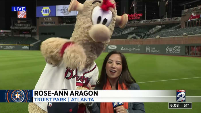 KPRC 2's Rose-Ann Aragon gets taunted live on-air by Blooper, the Atlanta Braves  mascot