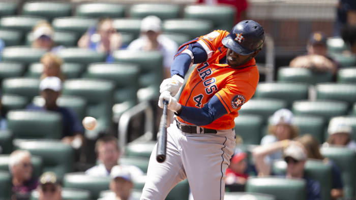 Houston, USA. 15th Oct, 2021. Houston Astros shortstop Carlos Correa  celebrates after hitting a one-run home run to put the Astros ahead 4-3 in  the 7th inning in game one of the