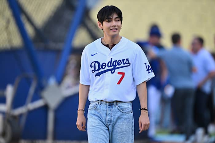 V of K-pop sensation BTS thrills fans with first pitch at Dodgers game and  meets Shohei Ohtani