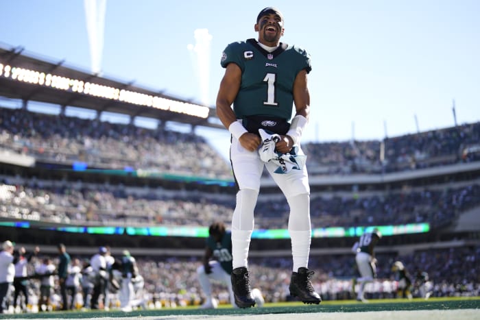 Philadelphia Eagles quarterback Jalen Hurts (2) reacts with wide receiver  DeSean Jackson (10) prior to the NFL football game against the Philadelphia  Eagles, Sunday, Sept. 27, 2020, in Philadelphia. (AP Photo/Chris Szagola