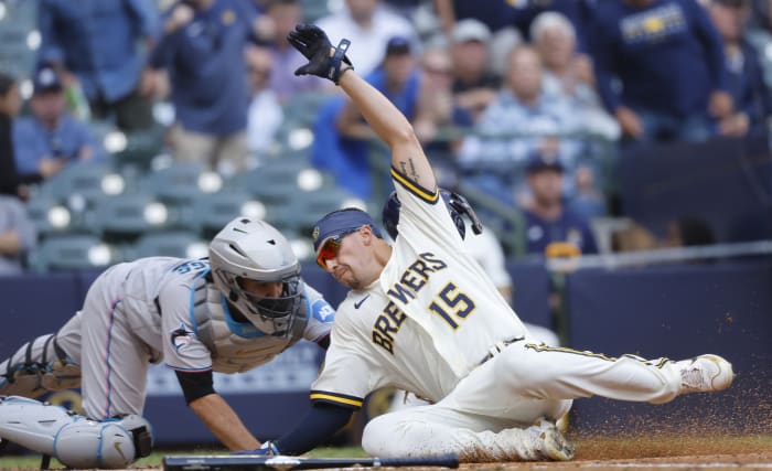 Brewers put Willy Adames on concussion list after teammate's foul ball hits  him in head