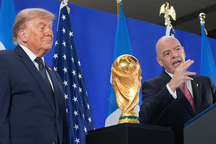 Trump celebrates the World Cup as a US victory as he prepares to present trophy to the winning team
