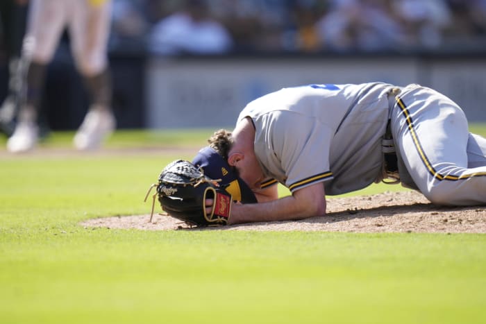 Brewers reliever Varland hit on jaw by Machado line drive