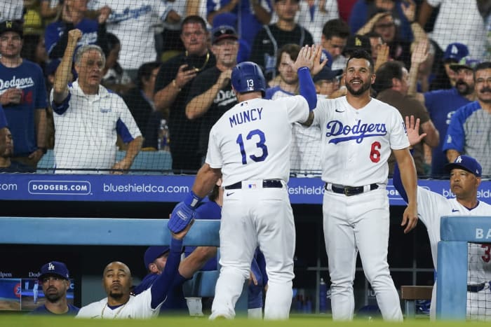 Los Angeles Dodgers' Justin Turner (21) stands at first base during the  second inning of a baseball game Wednesday, Sept. 15, 2021, in Los Angeles.  Turner wore jersey number 21 in honor