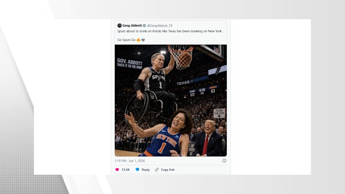 ‘Been dunking on New York’: Texas Gov. Abbott posts AI image of himself wearing Spurs jersey while dunking on New York