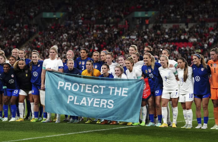 England tops US 2-1, women unfurl banner at Wembley Stadium