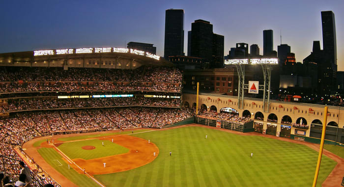 Wide angle view of Minute Maid Park showing downtown Houston