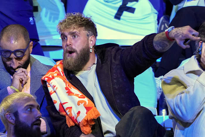 Jake Paul was in the second row as his fiancée, Jutta Leerdam, won a gold in Olympic speedskating