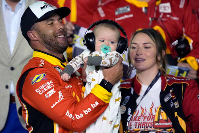 Oh, baby! Bubba Wallace celebrates his 1st win at Daytona with his newborn son and a new outlook