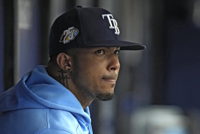 Tampa Bay Rays' Wander Franco, left, and Vidal Brujan, wearing a