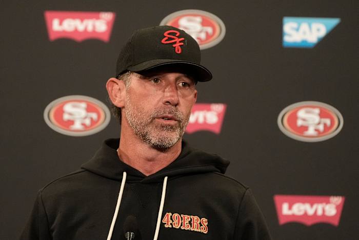 Image linked from the original feed: 49ers coach Kyle Shanahan hurt in a car crash, limited as training camp opens