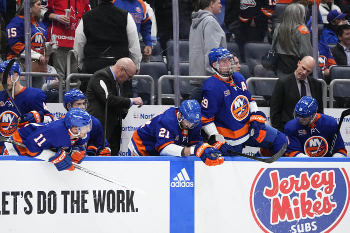 Semyon Varlamov of the New York Islanders defends against the