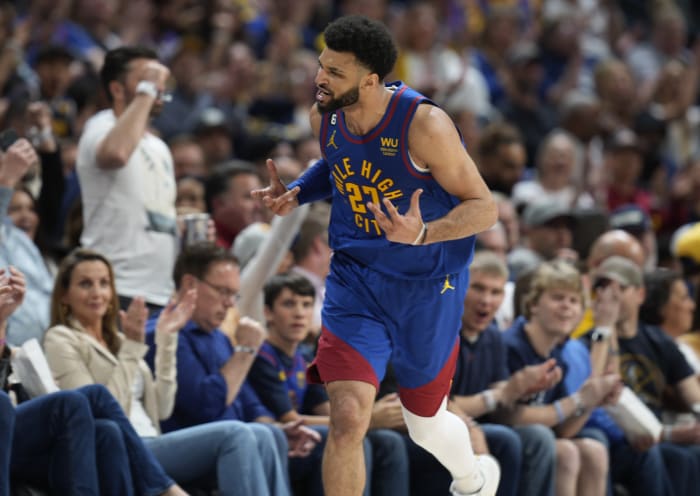 The shoes of Denver Nuggets' Jamal Murray are shown during the first  quarter of an NBA basketball game against the Toronto Raptors, Friday, Aug.  14, 2020, in Lake Buena Vista, Fla. (Mike