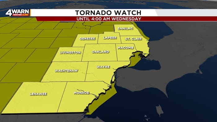 Tornado Watch issued for Southeastern Michigan into early Wednesday Morning