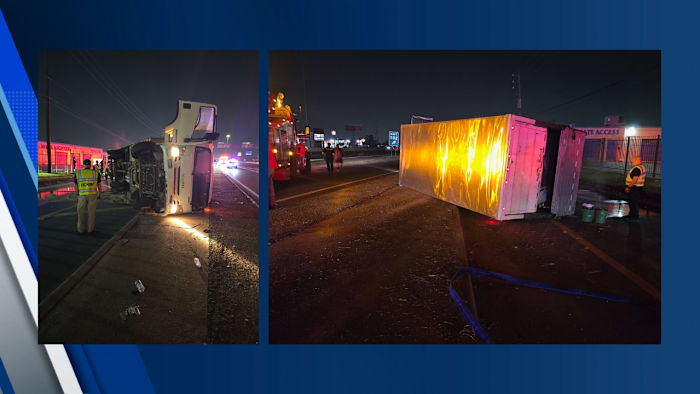 Fuel spill cleanup underway after box truck flips on East Freeway, no reported injuries