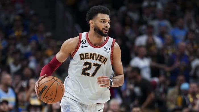 The shoes of Denver Nuggets' Jamal Murray are shown during the first  quarter of an NBA basketball game against the Toronto Raptors, Friday, Aug.  14, 2020, in Lake Buena Vista, Fla. (Mike