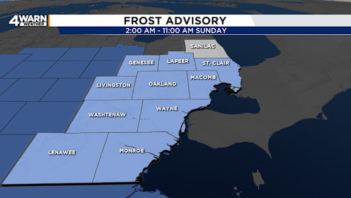 Colder changes with frost and/or freeze conditions expected, with a few rain showers for Metro Detroit