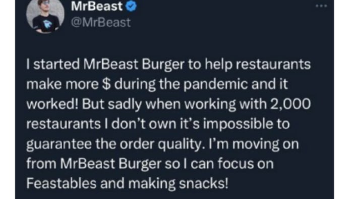 MrBeast says he's 'moving on' from MrBeast Burger