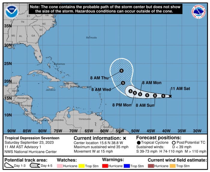Tropical Depression 17 forms over central Atlantic