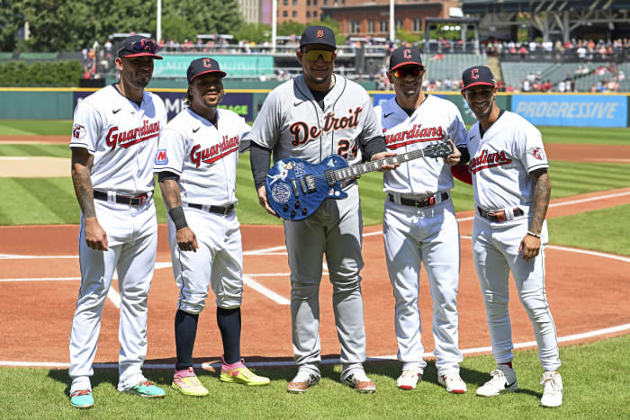 Guardians present Tigers' slugger Miguel Cabrera with guitar as