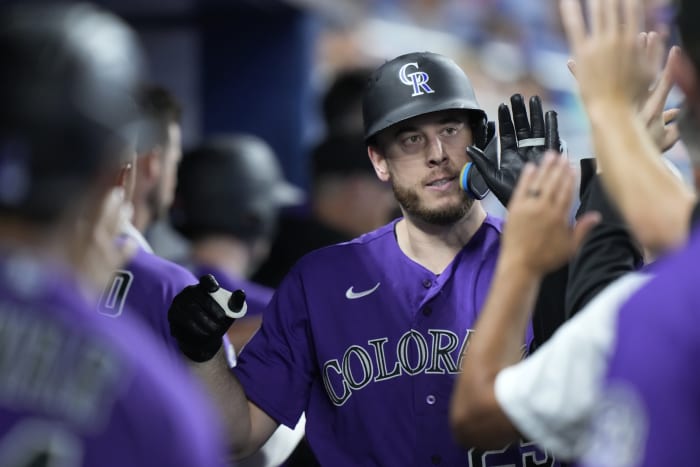 Randal Grichuk of the Colorado Rockies bats against the Atlanta