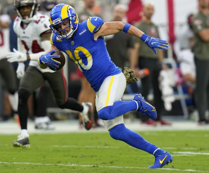 Los Angeles Rams defensive end Aaron Donald (99) celebrates during the  first half of an NFL wild-card playoff football game against the Arizona  Cardinals in Inglewood, Calif., Monday, Jan. 17, 2022. (AP