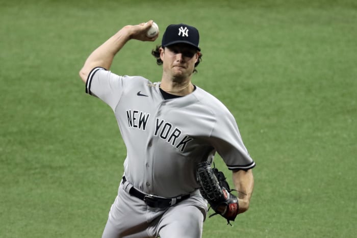 New York Yankees outfielder Brett Gardner is hit by a pitch