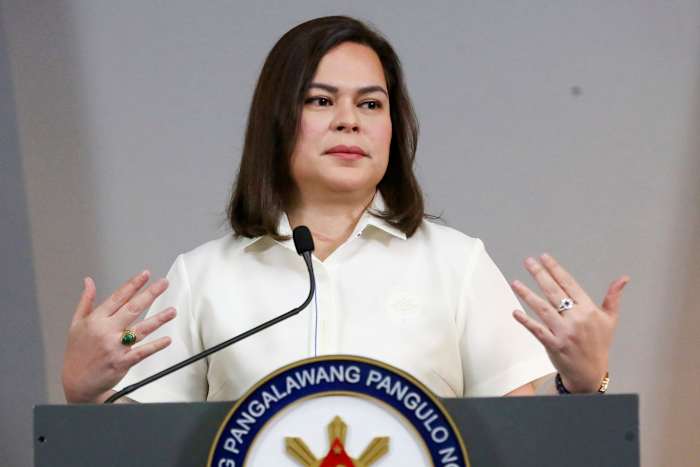 Philippine Vice President Sara Duterte speaking during a press conference in Manila (AP Photo/Basilio Sepe, File)