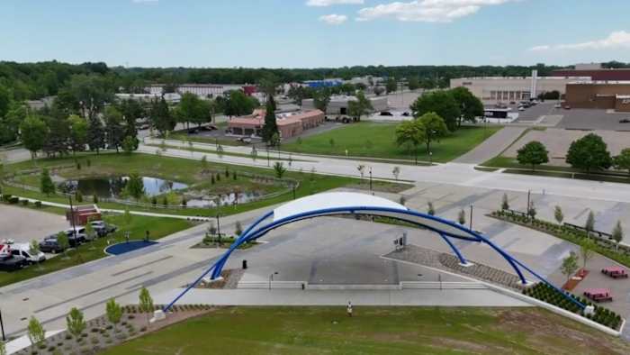 Aerial view of Westland's new Nankin Square park featuring outdoor amphitheater and green spaces