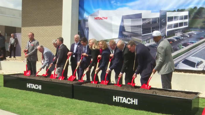 Construction groundbreaking ceremony with officials and Hitachi Energy leaders at South Boston, Virginia manufacturing facility site
