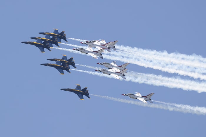 blue angels and thunderbirds fly together