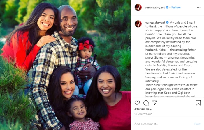 Kobe Bryant's wife posts family portrait and breaks silence after