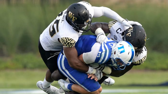 Duke quarterback Daniel Jones (17) is sacked by Georgia Tech