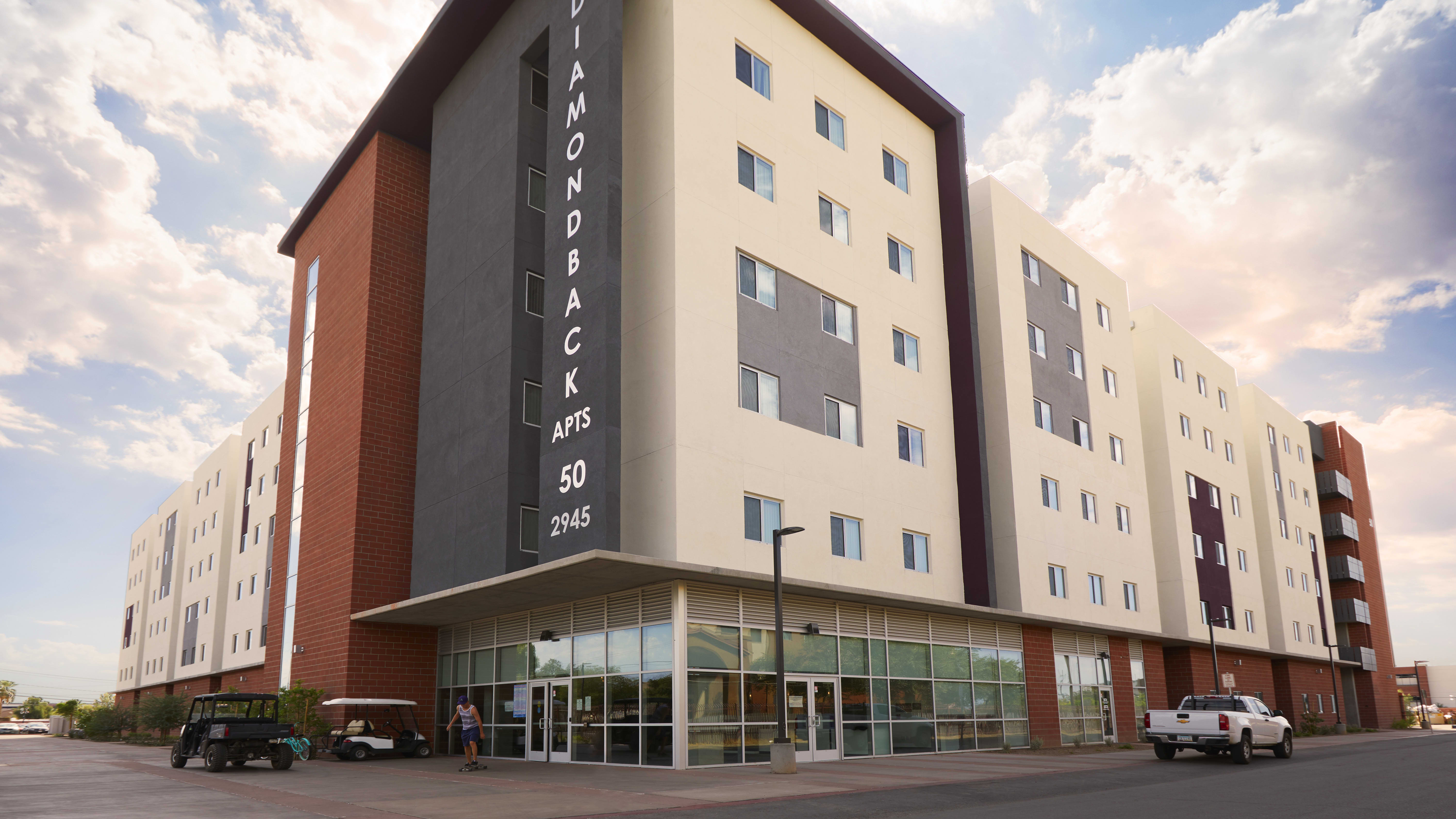 Exterior image of Diamondback dorms on GCU"s campus in Phoenix