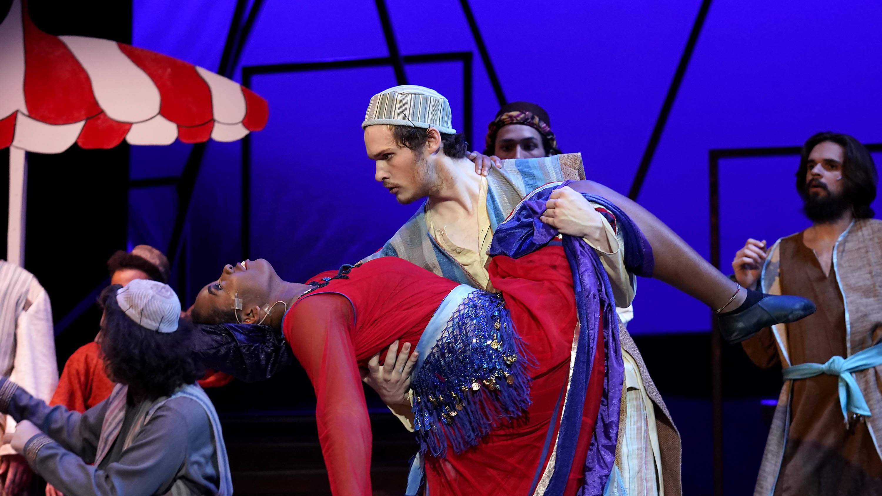 Two GCU fine arts students performing dance in a play