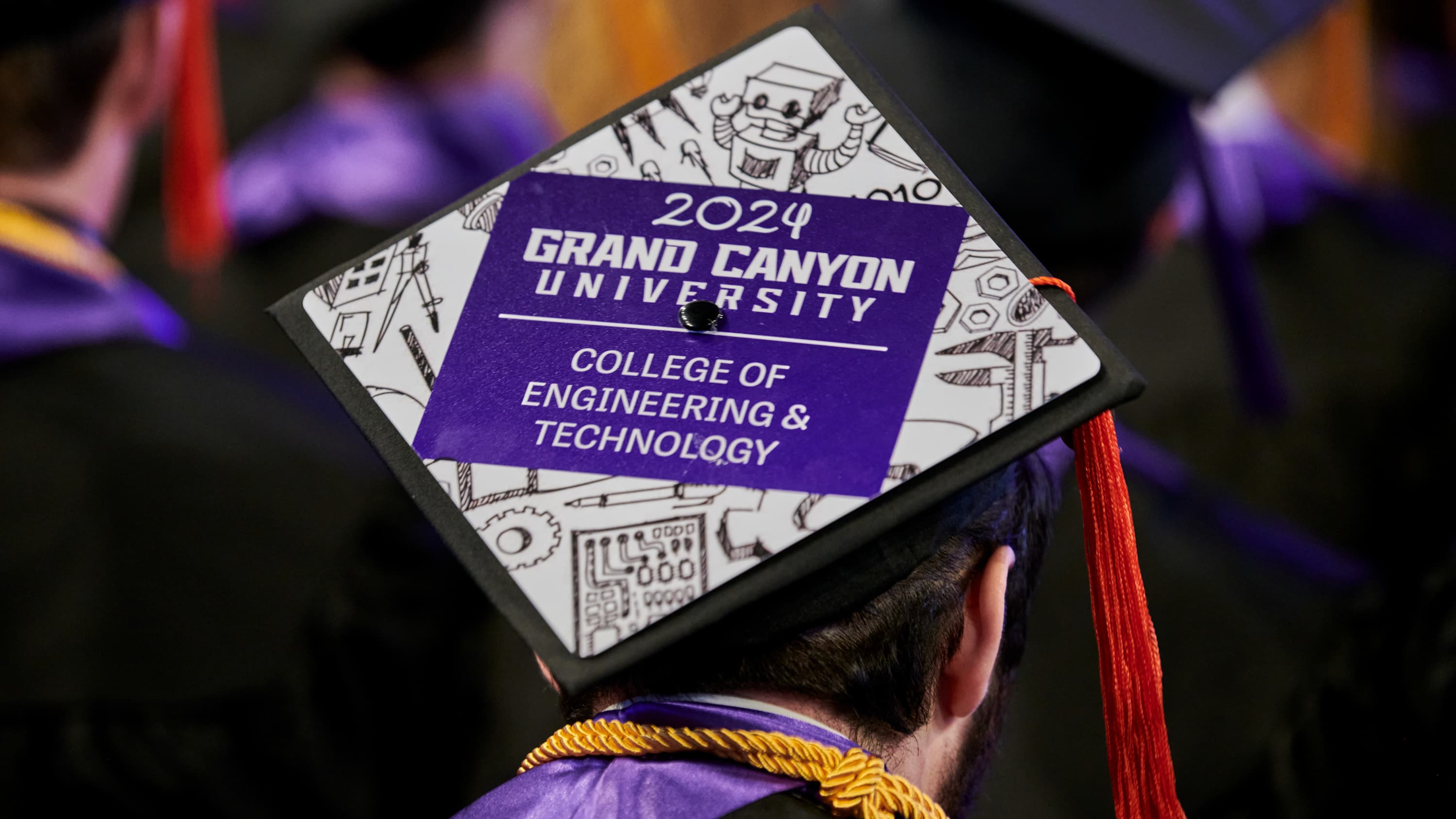 Close-up image of graduation cap at 2024 GCU engineering college commencement