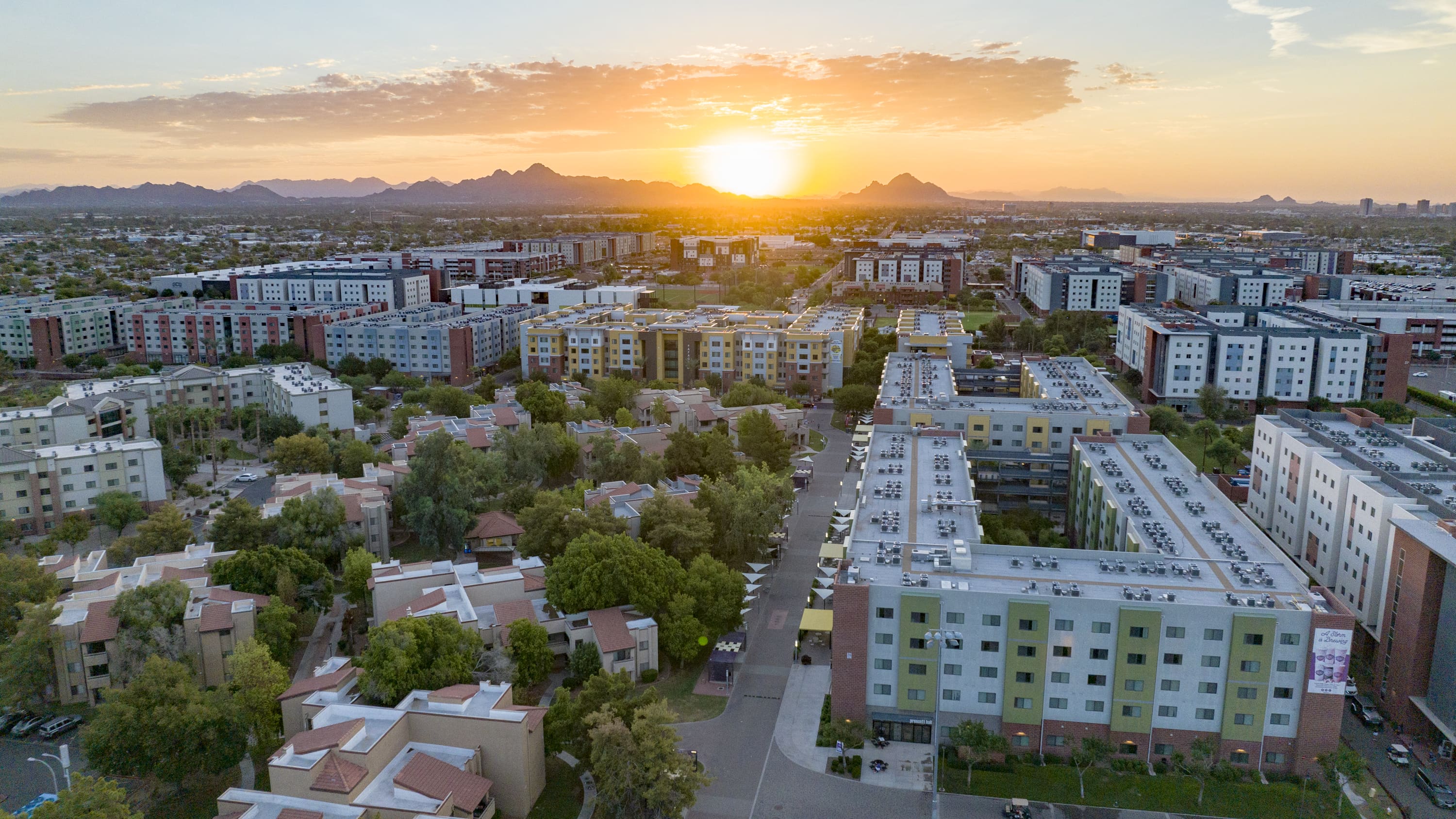 Aerial Shot of Campus at Sunset
