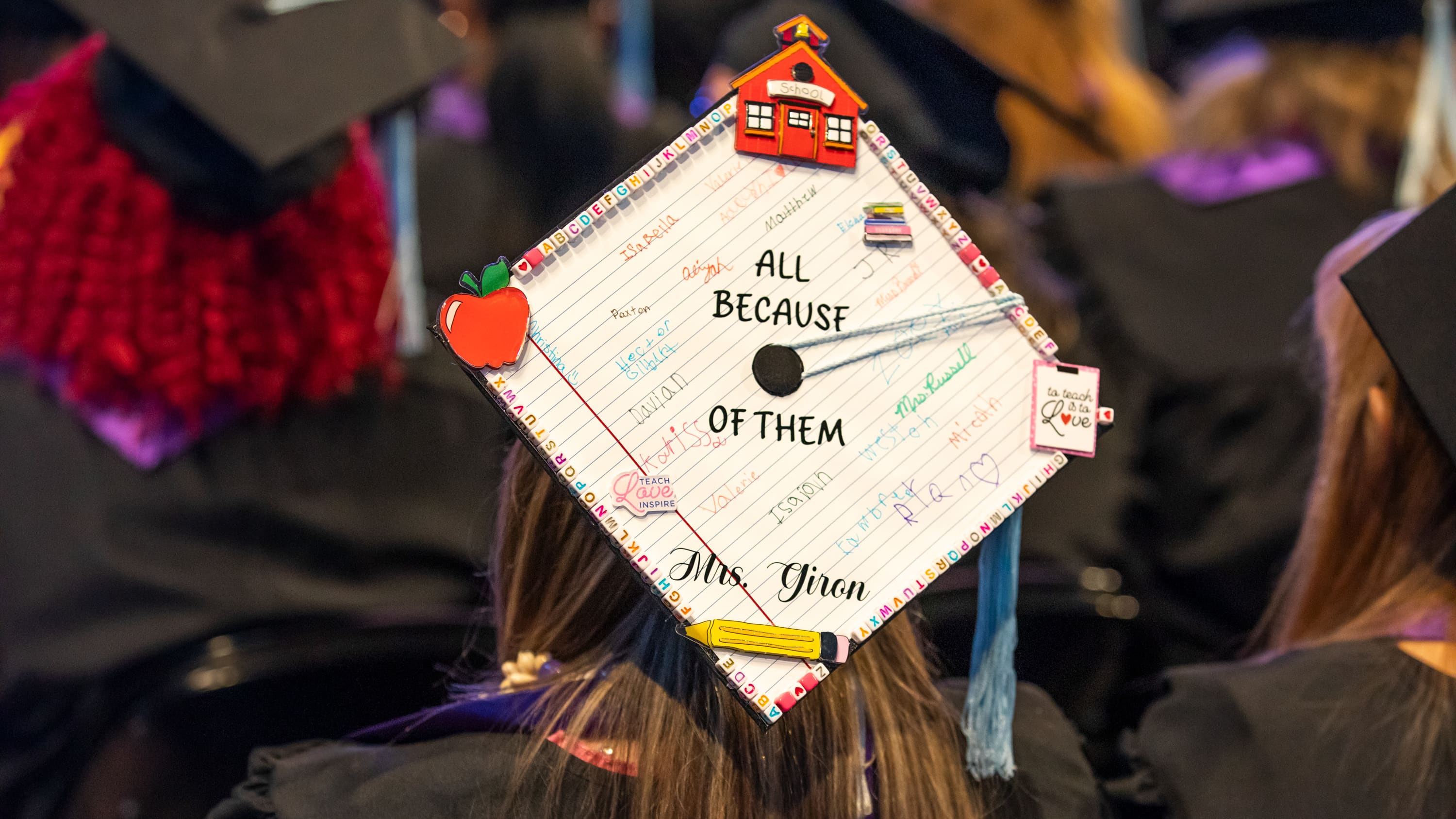 Picture of decorated graduation cap for female GCU graduate earning bachelor's teaching degree