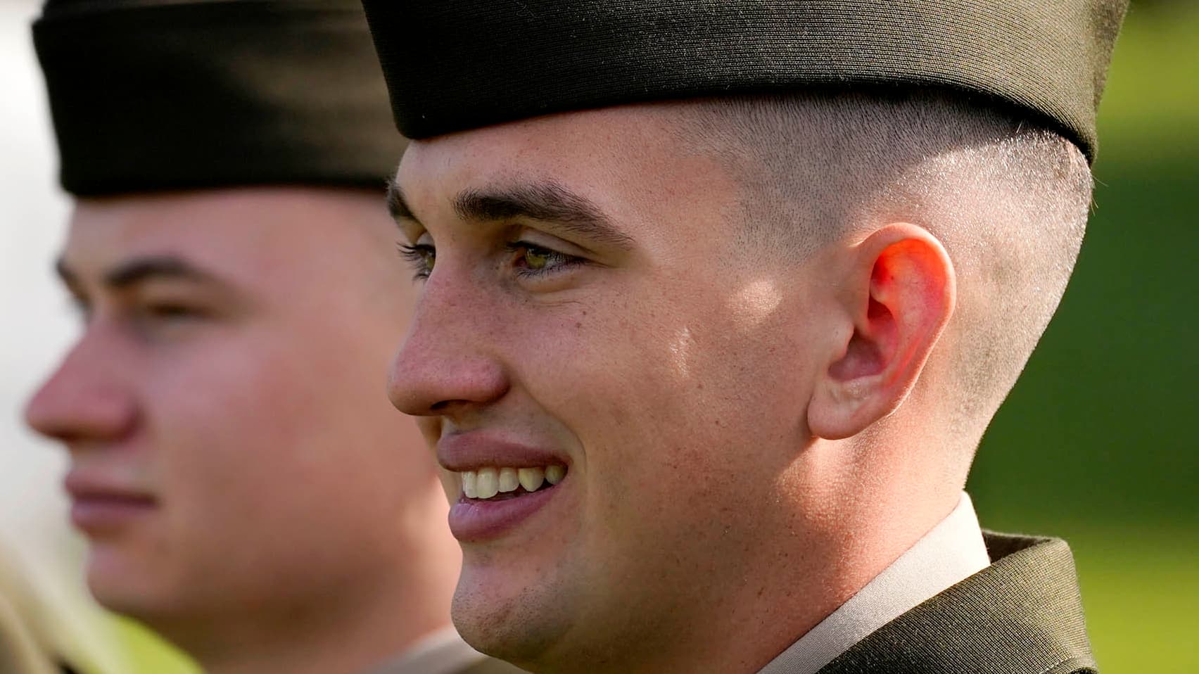 Military students in formation, students smiling