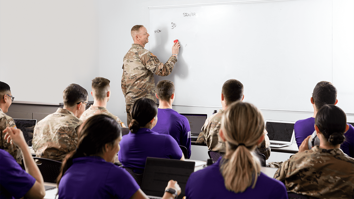 teacher in ROTC classroom