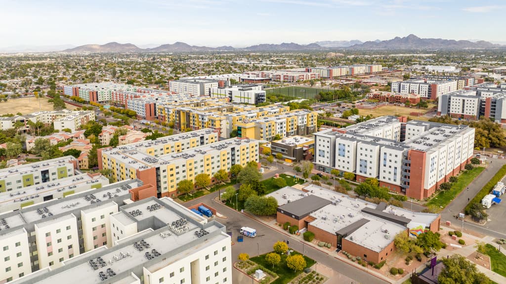 Aerial view of GCU Campus with mountains in the background