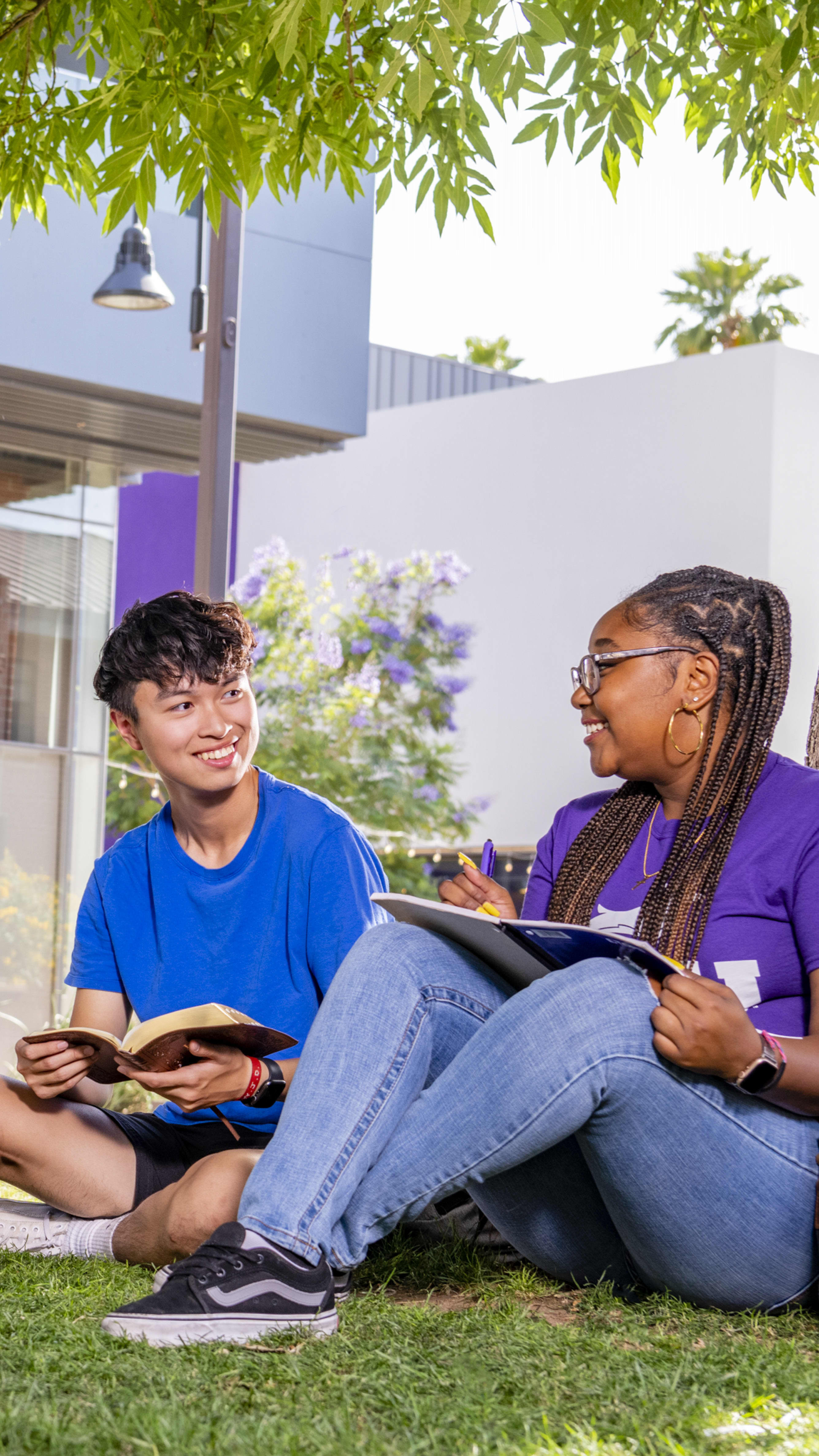 Students reading on a lawn on campus