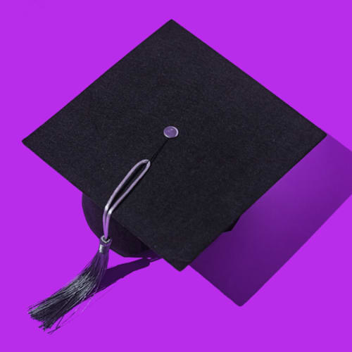 Black graduation cap with silver tassel, in a row, on a purple background. Graduation, achievement, goal, degree, master's degree, bachelor's degree, university, college and success concept. - stock photo