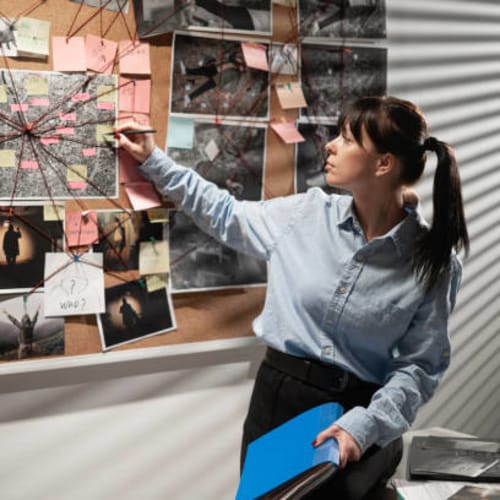 Woman connecting the dots for an investigation.